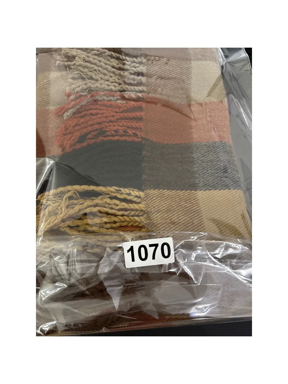 Jeffrey Banks Scarf Mens Chocolate Brown Orange Plaid Fringed Granola Gorpcore
